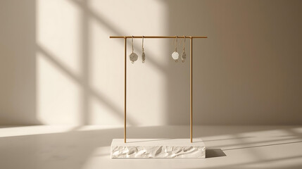 Earring display with gold stand and white textured base against a neutral backdrop with shadows