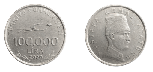 Turkey one hundred thousand lira coin on white isolated background