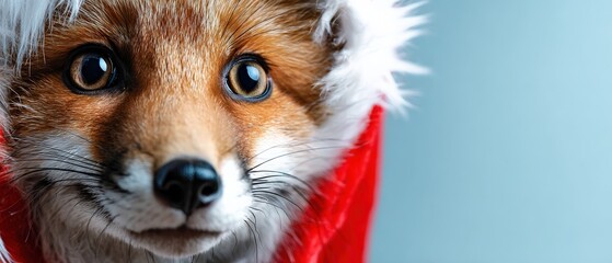 Closeup of adorable red fox wearing Santa hat against blue background Festive animal portrait with cute expression Concept of Christmas, holiday season, and wildlife