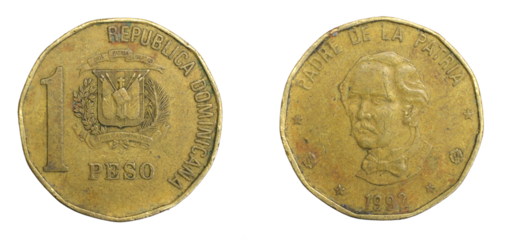 Dominicana one peso coin on a white isolated background