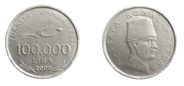 Turkey one hundred thousand lira coin on white isolated background