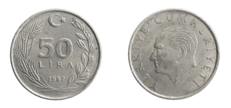 Turkey fifty lira coin on white isolated background