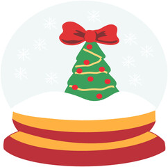 Festive Christmas Tree Decorated with Red Ribbon and Ornaments Inside a Snow-Filled Glass Snow Globe Representing Holiday Cheer and Winter Celebration