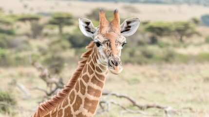 Naklejka premium Young Giraffe in Natural Savanna Landscape with Green Trees and Open Sky