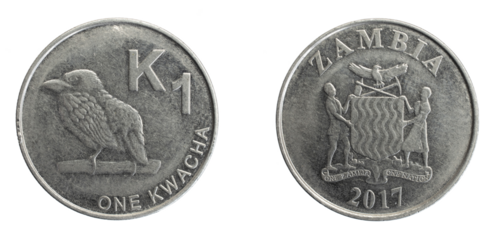 Zambia one kwacha coin on a white isolated background