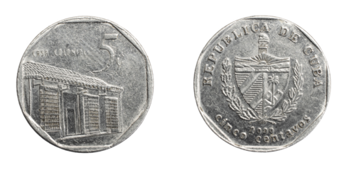 Cuba five centavos coin on a white isolated background