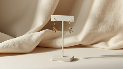 A pair of gold earrings displayed on a white stand against a draped cream colored fabric backdrop