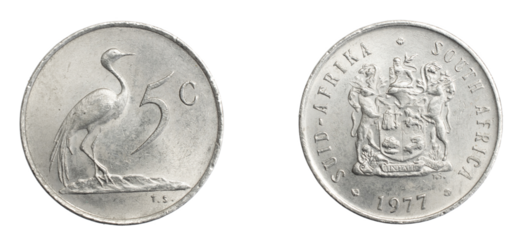 South Africa five cents coin on a white isolated background