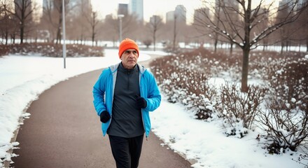 Senior man jogging in a snowy city park during winter. Active middle-aged person exercising outdoors in cold weather for a healthy lifestyle
