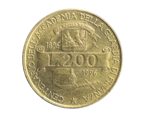 Italy two hundred lira coin on white isolated background