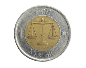 Ethiopia one birr coin on white isolated background