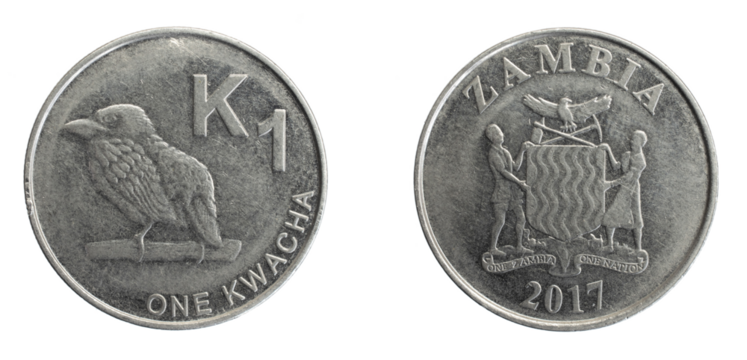 Zambia one kwacha coin on a white isolated background