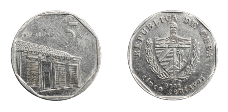 Cuba five centavos coin on a white isolated background