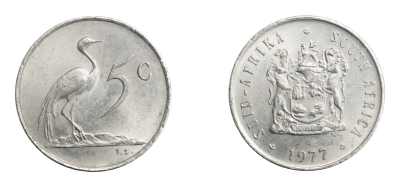 South Africa five cents coin on a white isolated background