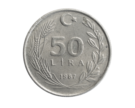 Turkey fifty lira coin on white isolated background