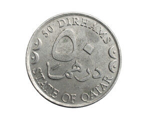 A qatar fifty dirhams coin on a white isolated background