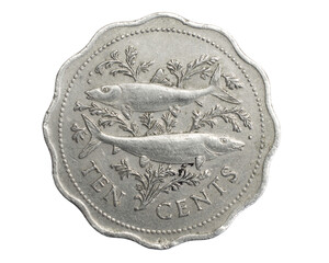 Bahamas ten cents coin on white isolated background