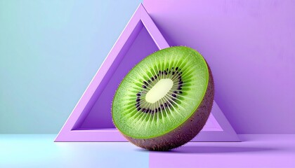 Kiwi Fruit Slice with Geometric Purple Background.