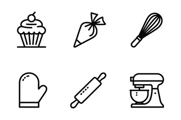 Baking icons representing sweet treats and kitchen tools