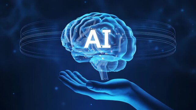 Glowing blue artificial intelligence brain with ai text held in a hand against a dark digital background with light particles - Powered by Adobe