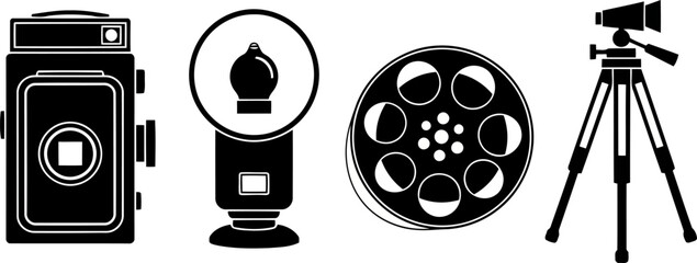 Camera Equipment Black and White Vector Illustration for Photography Enthusiasts and Visual Storytellers