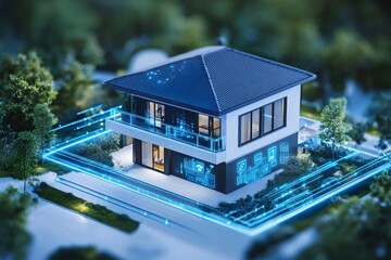 Modern house model illustrating smart home automation with glowing digital interfaces and data lines connecting property