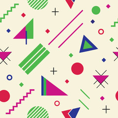 Seamless geometric Memphis pattern isolated on white background. Abstract pastel texture with triangles, circles and lines. Minimal vector for textile and packaging.