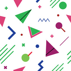 Seamless geometric Memphis pattern isolated on white background. Abstract pastel texture with triangles, circles and lines. Minimal vector for textile and packaging.
