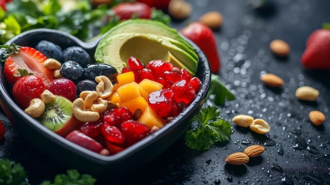 This delightful healthy heartshaped salad, brimming with an array of fresh fruits and vibrant greens, is an excellent choice for those focusing on diet and wellness. Its both nutritious and delicious
