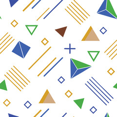 Seamless geometric Memphis pattern isolated on white background. Abstract pastel texture with triangles, circles and lines. Minimal vector for textile and packaging.