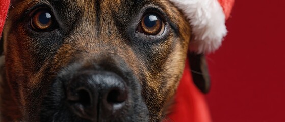 Closeup of a cute brown dog wearing a Santa hat on red background Festive Christmas portrait of a brindle dog with adorable eyes, holiday season concept