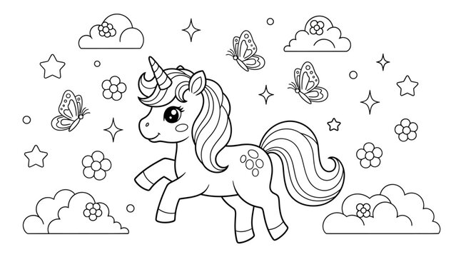 Whimsical unicorn surrounded by butterflies blooming clouds and starry sky in