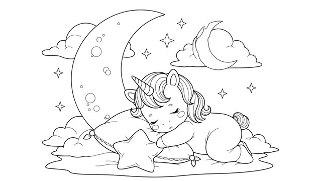 Adorable unicorn sleeping peacefully on a starry celestial night scene in