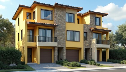 Fototapeta premium Modern three story townhouses feature yellow and stone exteriors with balconies and garages. These new homes offer contemporary urban dwelling design. Community housing development for sale.