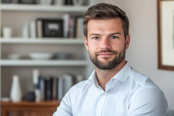 Young professional man in a modern office, smiling confidently as a successful entrepreneur and executive in a smart casual workspace