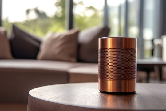 Copper smart speaker integrating voice assistant technology on a wooden table, enhancing a modern home interior
