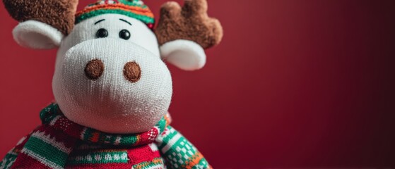 Cute Christmas moose plush toy wearing a festive knitted hat and sweater on a vibrant red background Concept of holiday season, winter celebration, and childhood joy