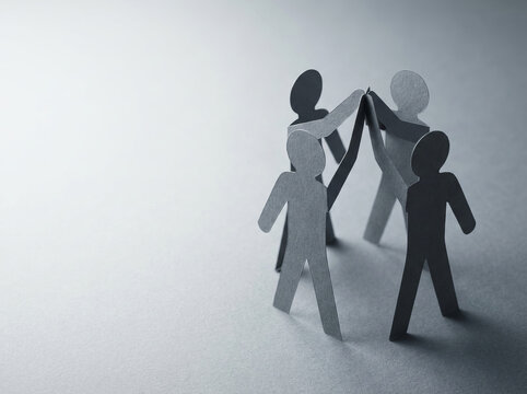 Teamwork and collaboration concept with paper people joining hands in a circle. Business partnership and unity goals.