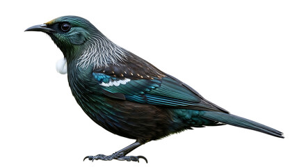 Obraz premium A New Zealand Tui bird with iridescent green blue feathers and white chest tuft, isolated on a white or transparent background, cutout, PNG
