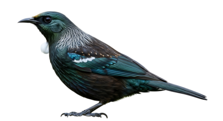 A New Zealand Tui bird with iridescent green blue feathers and white chest tuft, isolated on a white or transparent background, cutout, PNG