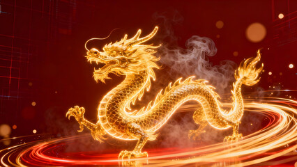 A majestic golden Chinese dragon glowing with fiery light on a vibrant red background with abstract light trails.