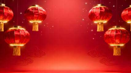 A vibrant red background adorned with traditional Chinese lanterns, creating a festive and celebratory atmosphere.