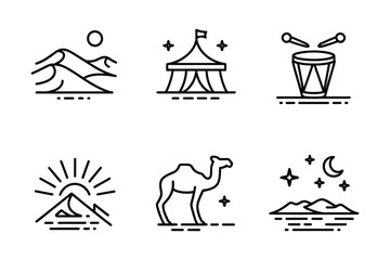 Desert and oasis icons featuring mountains tent camel and night sky