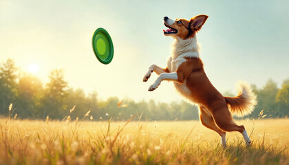 Brown, white dog jumps high to catch green frisbee in sunny field. Energetic pet plays fetch game with owner outside. Active canine enjoys summer day outdoors. Joyful dog pursuit during warm weather.