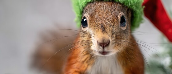 Obraz premium Adorable red squirrel wearing a green knitted Christmas hat, looking directly at the camera with big, curious eyes Charming festive animal portrait for holiday season