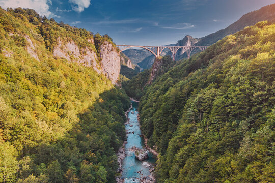 Durdevica Tara Bridge connecting mountains across the Tara river canyon, a renowned natural landmark in Montenegro