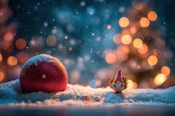 Magical winter wonderland scene with snow falling on a red ornament and pinecone near a glowing christmas tree