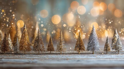 Festive miniature christmas trees dusted with snow and glitter against a bokeh background of warm lights