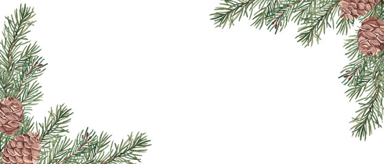 Christmas banner with Winter plants. Fir, pine branches and cones. Watercolor horizontal frame, border. Hand drawn illustration. Perfect as a web banner, card and invitation template.