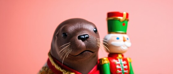 Naklejka premium Festive Christmas nutcracker and seal figurine on a pink background, a whimsical studio shot evoking holiday season and childhood memories